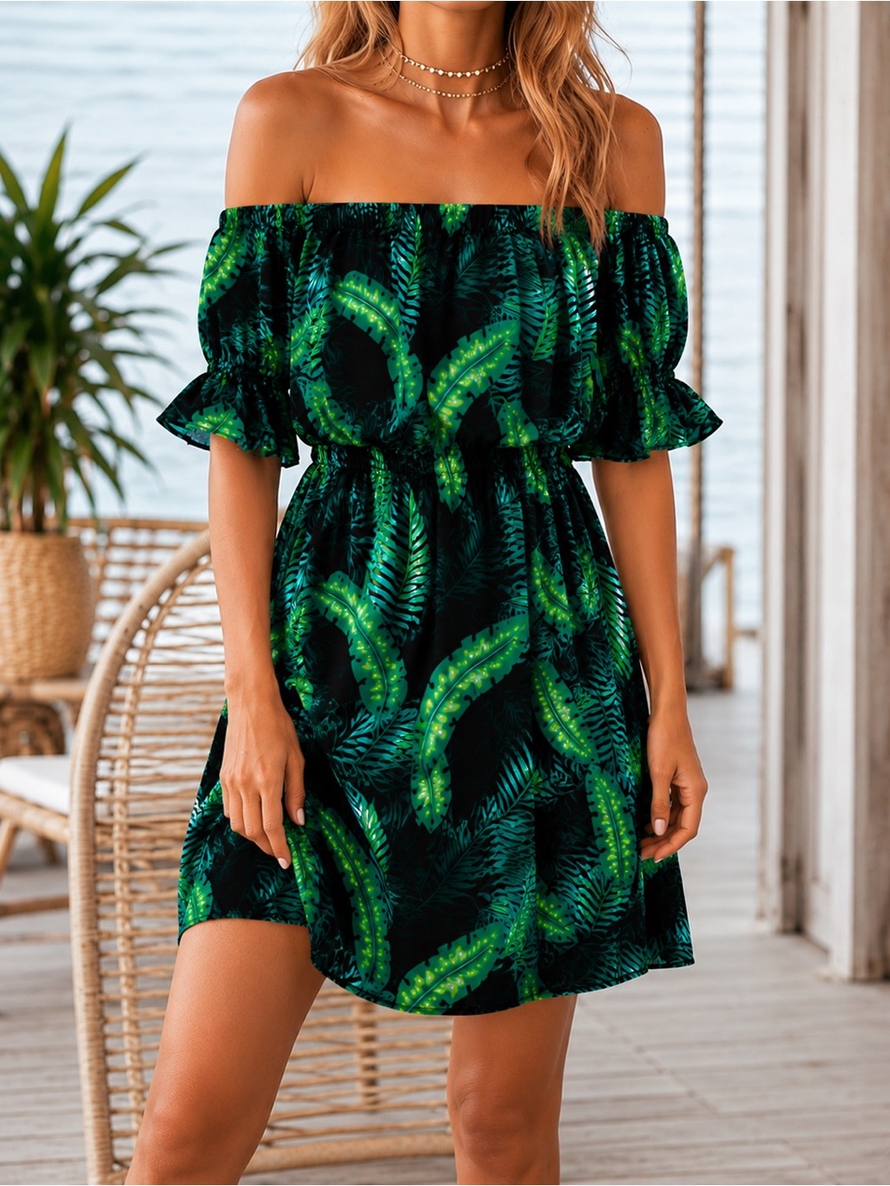 Debbie’s Boutique Tropical Green Leaf Off Shoulder Ruffle Dress  Mini XL